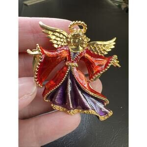 Beautiful Signed CHRISTOPHER RADKO Christmas Angel BROOCH Enameled Gold Tone